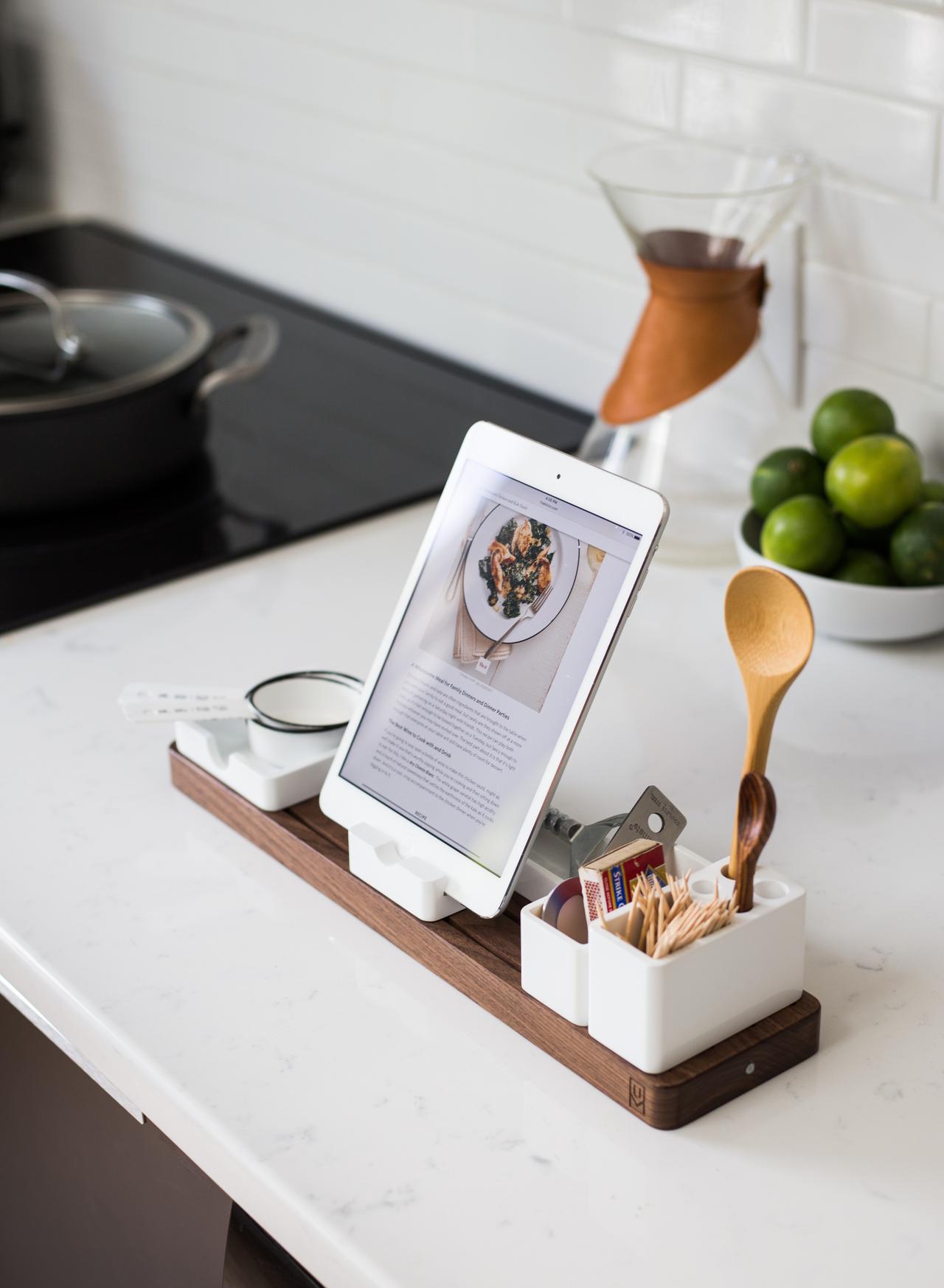 recipe tray on counter that includes a tablet